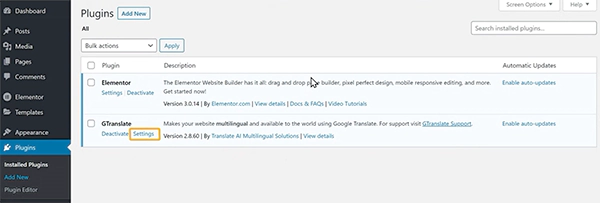 WordPress GTranslate Plugin Settings