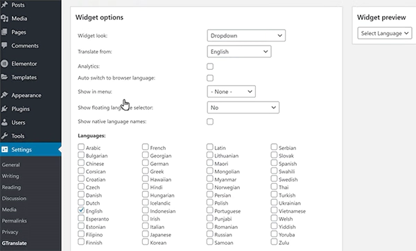 WordPress GTranslate Plugin Settingss