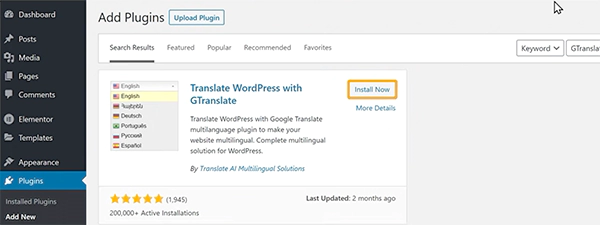 WordPress GTranslate Plugin