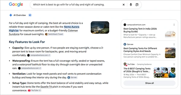A query on Google asking for the best tent options for camping