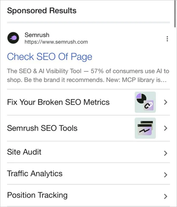 Mobile ads with images and bold sitelink on Google SERP