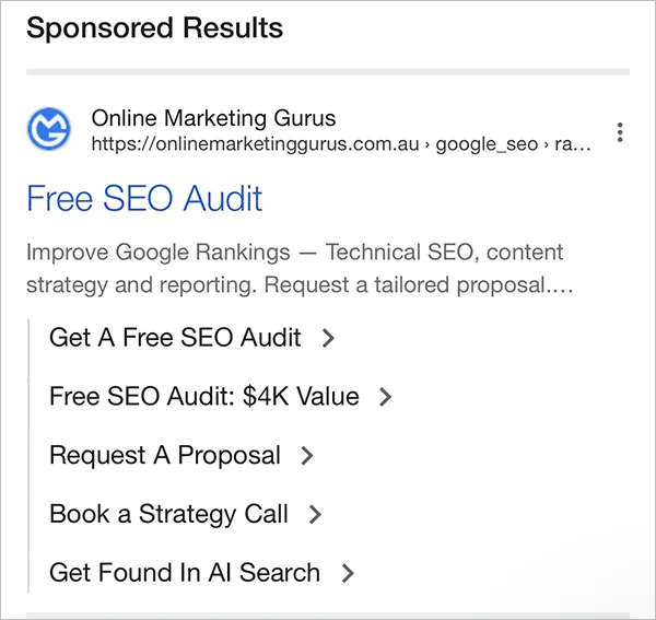 Text based mobile ads design variation on Google SERP