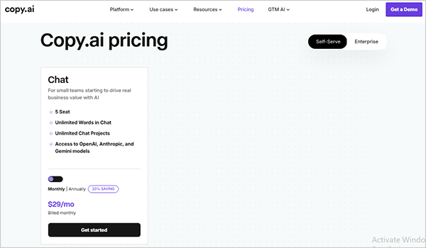 Copy ai pricing plan showing 29 dollar per month for 5 seats with access to OpenAI Anthropic and Gemini models
