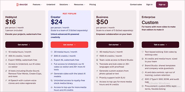 Descript creator, hobbyist, enterprise and business plans features