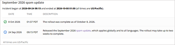 Google 24 September 2026 spam rollout update completed 8 October 2026