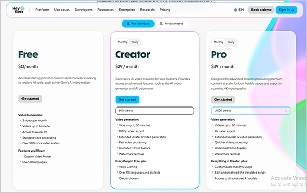Heygen creator and pro pricing with monthly credits and features