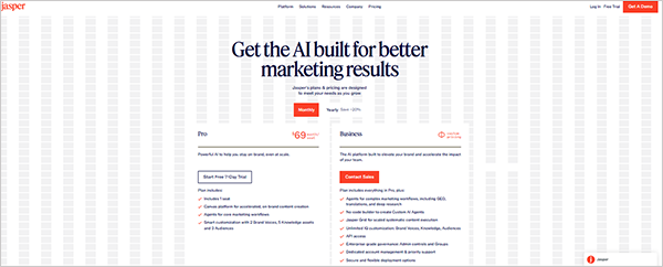 Jasper AI Pro Plan price with features details