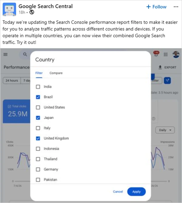 LinkedIn Post from Google Search Central