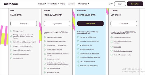 Metricool pricing for starter and advanced plan
