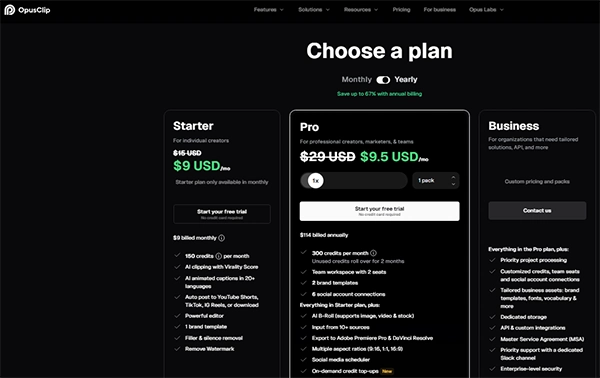 Opus Pro pricing offer with $9.5 plans