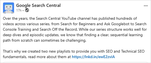 Playlist News from Google Search Central