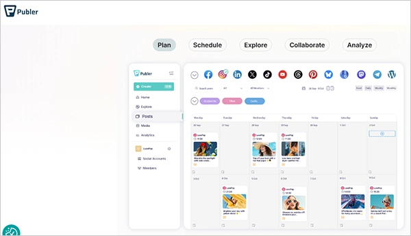 Publer dashboard on landing page