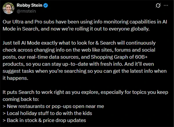 Robby Stein Post from X on Google AI Mode Global Rollout