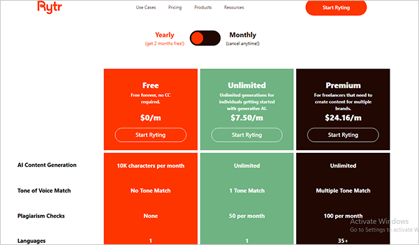 Rytr monthly plans showing 1 and multiple tones with plagiarism checks
