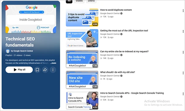 Screenshot from YouTube Technical SEO playlist