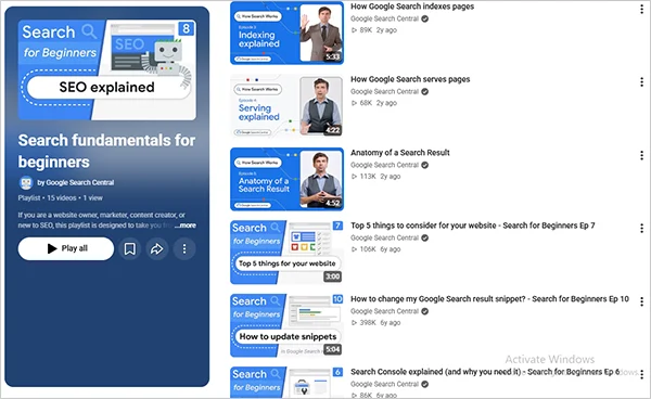 Search fundamentals for beginners playlist screenshot from YouTube
