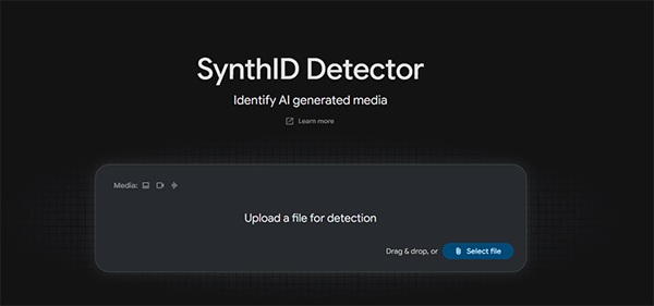 Showing SynthID Detector page to upload an image video or audio file