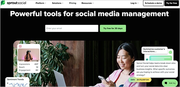 Sproutsocial page showing try for free for 30 days