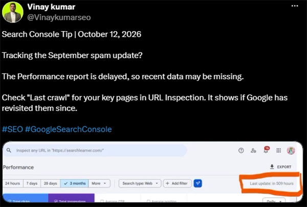 Vinay Kumar shared a thought on X with a Search Console screenshot
