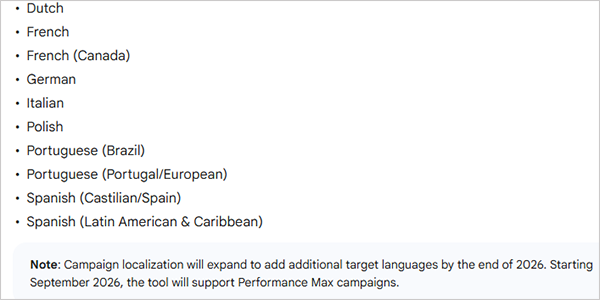language supported by Campaign Localization Tool in 2026