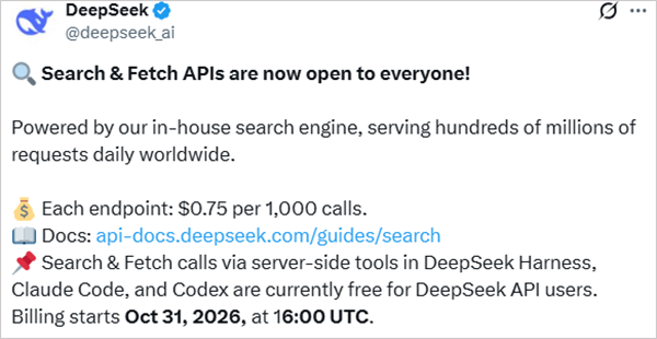 post from X on launching Search and Fetch API for everyone
