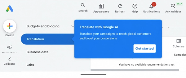 translation tool location in Google Ads